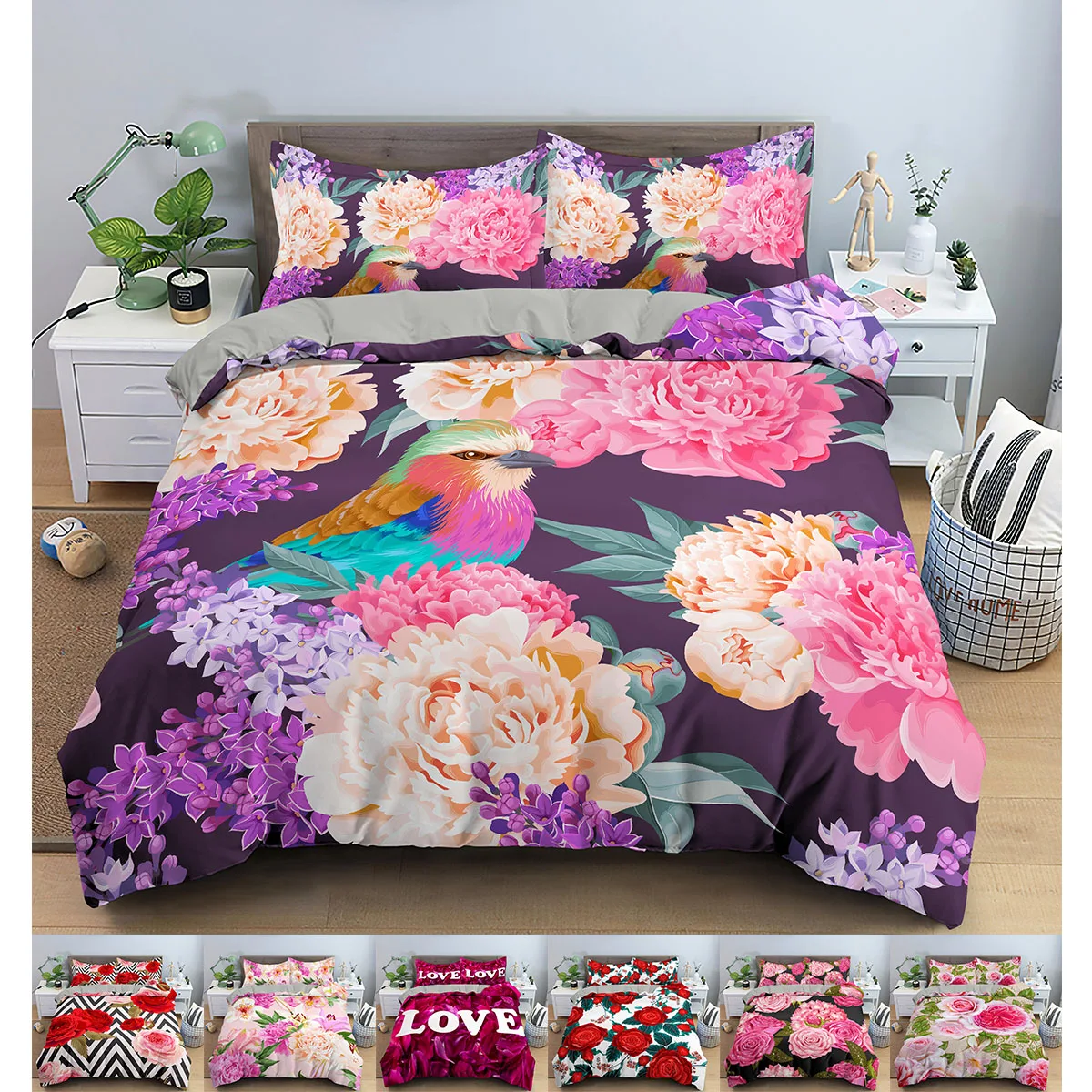 

Valentine's Bedding Set 3D Printed Pink Rose Duvet Cover/Quilt Cover Comforter Cover With Pillowcase King Queen Size Bed Set