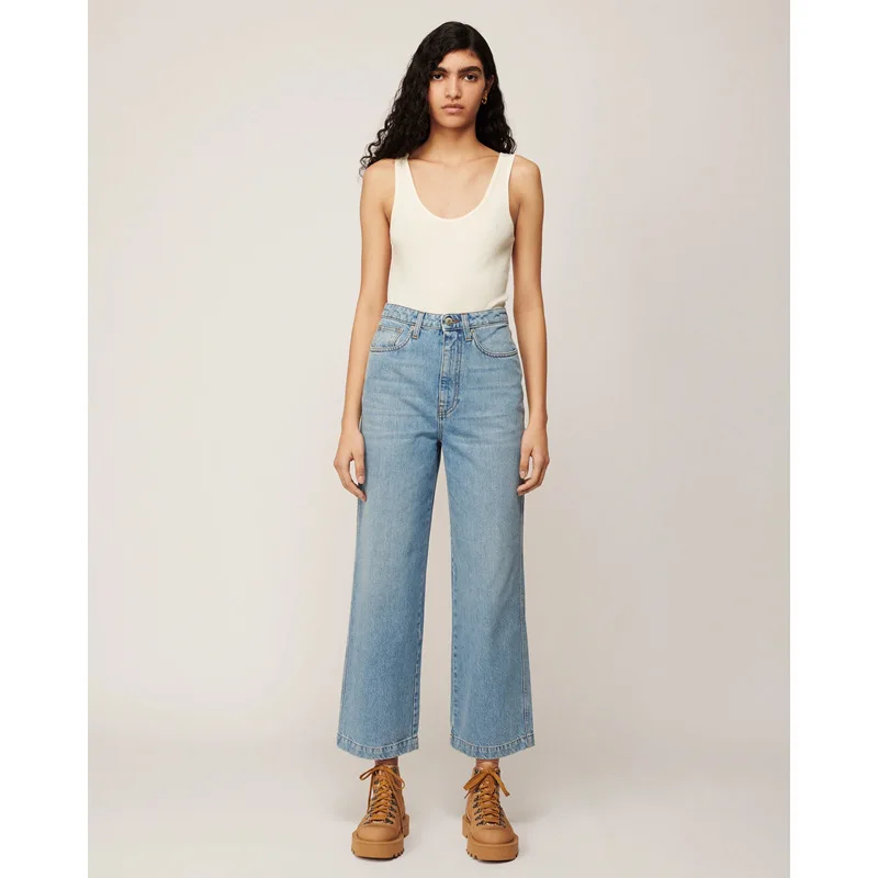 

High waist wash cotton jeans women nine minutes of pants straight jeans