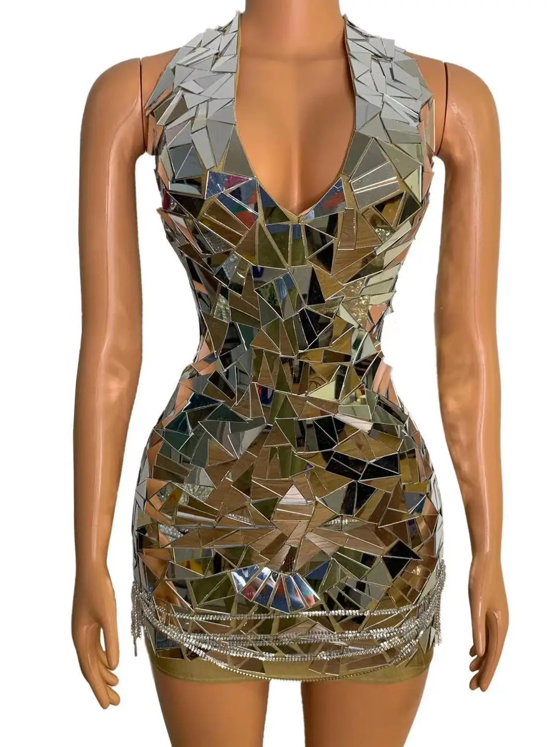 Сексуальное платье с зеркалом юбка V-образным вырезом для сцены ночного клуба