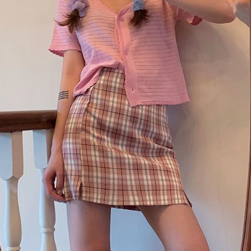 

Fashion Skirt Summer New Stitching Color Korean Plaid High Waist Slimming Casual Wild Slim Temperament A-line Skirt