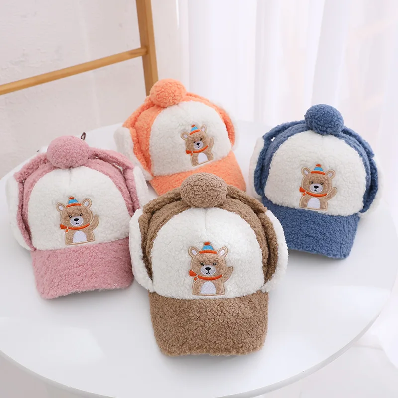 

Детские зимние шапки, Симпатичные мужские и женские детские наушники с мультяшным медведем, бейсболки с толстыми теплыми шапками для велос...