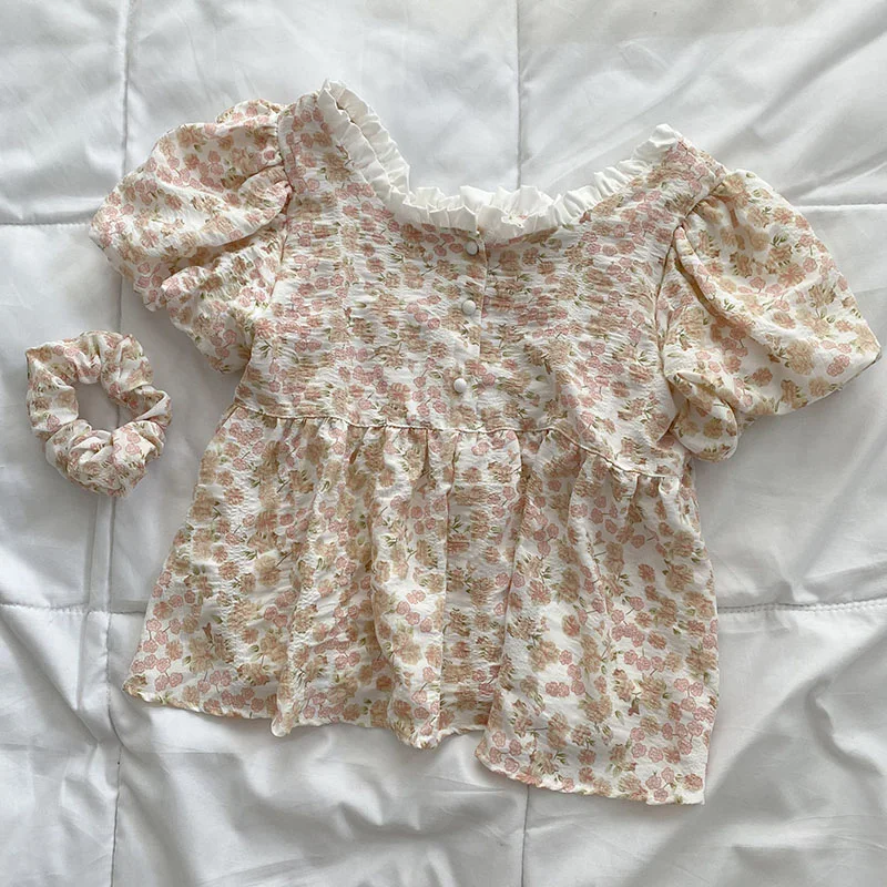 

Loose Tops Tshirts Women's Clothing Top Flower Print Lace Splice Pullover Cropped Tops Ladies O-Neck Short Sleeves Blouse Women