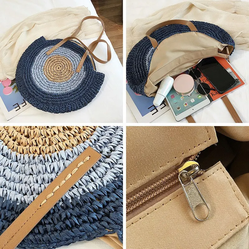 

Straw Bag Women'S Fashion Shoulder Bag Center Round Rattan Straw Hand-Woven Bohemian Large Size Beach Bag