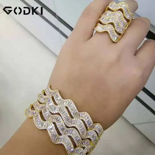 Gold GODKI, роскошный набор женских колец из Саудовской Аравии с микро кубическим цирконием, вечерние, свадебные комплекты ювелирных изделий из Саудовской Аравии, Дубай - Окраска металла: Gold
