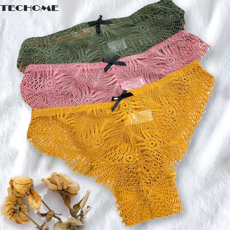

2021 Fashion Ladies Underwear Sexy Lace Briefs Mid-waist Bow Underpants Printed Lace Breathable Panties for Women Thongs