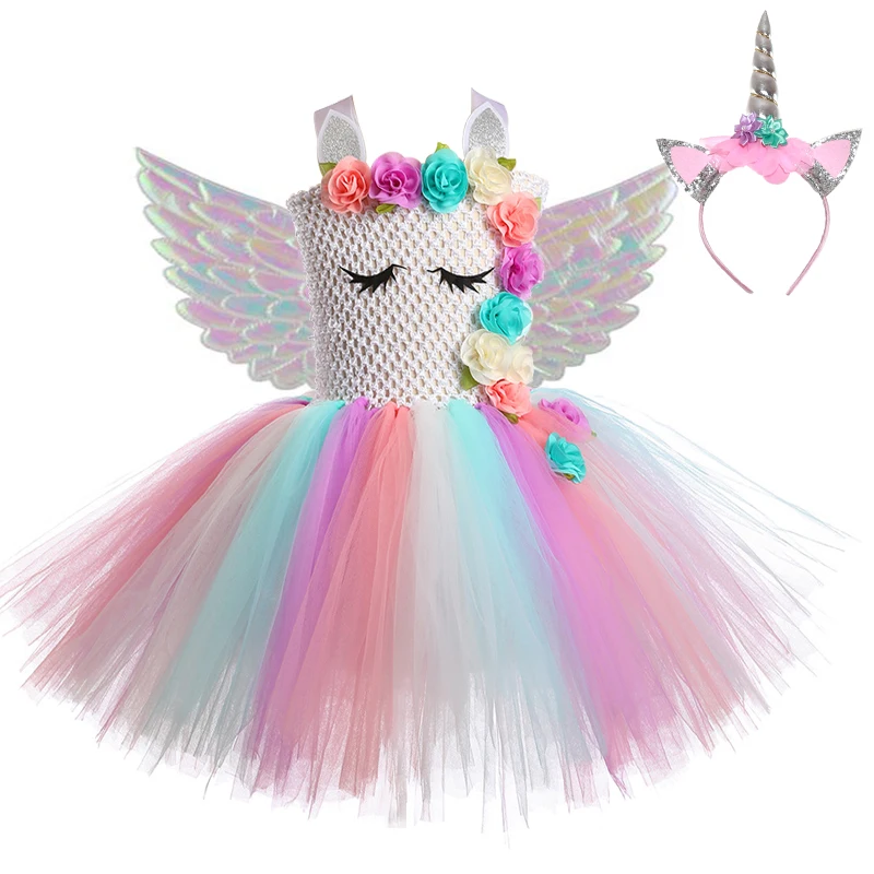 Платье принцессы с единорогом для девочек Детский костюм радужного цвета