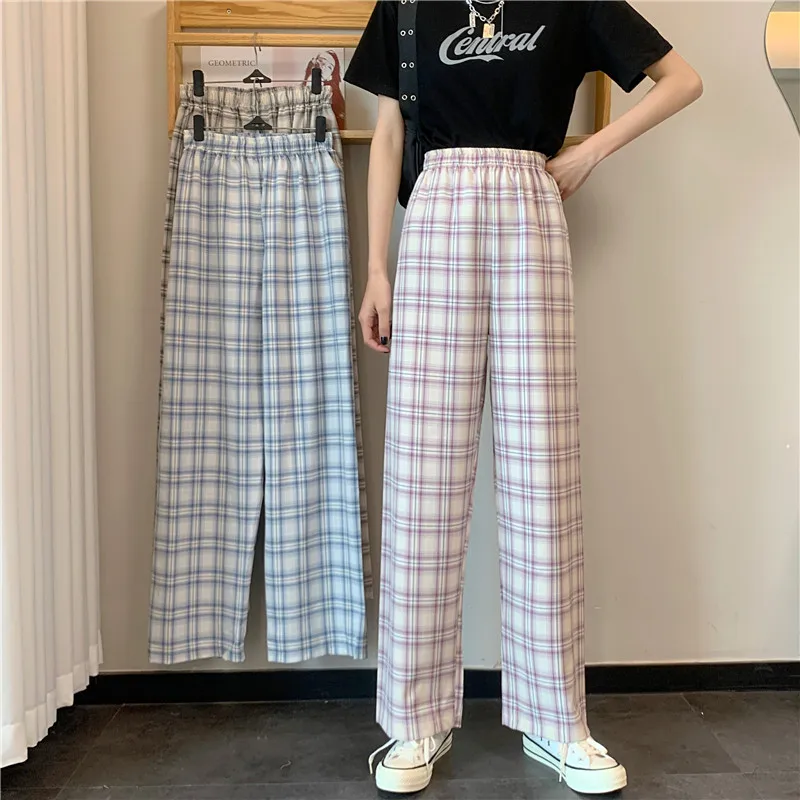 Консервативный Стиль Высокая талия решетки свободные женские брюки 2021 Новый