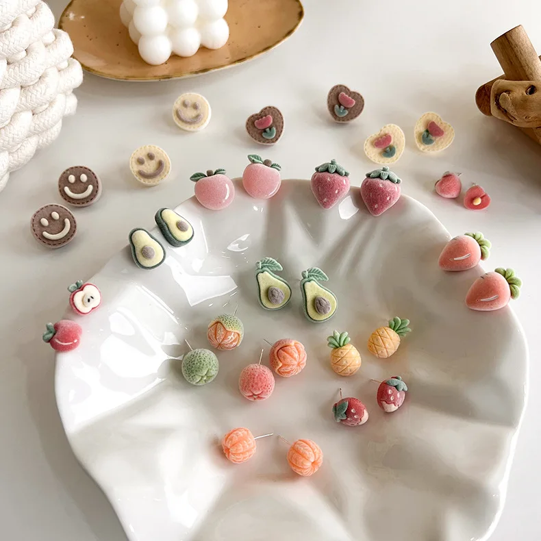 

Korea Cute Small Strawberry Peach Fruit Flannel Stud Earrings for Women Girl Gift