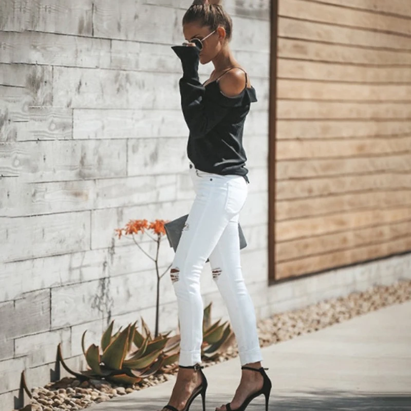 

Autumn Fashion Off Shoulders Strap Shirt Sexy V Neck Long Sleeve Women Blouses Casual Slash Neck Solid Pullover Tops Female