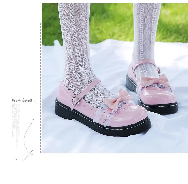 Kawaii/женские туфли на низком каблуке с круглым носком и кружевным бантом удобная