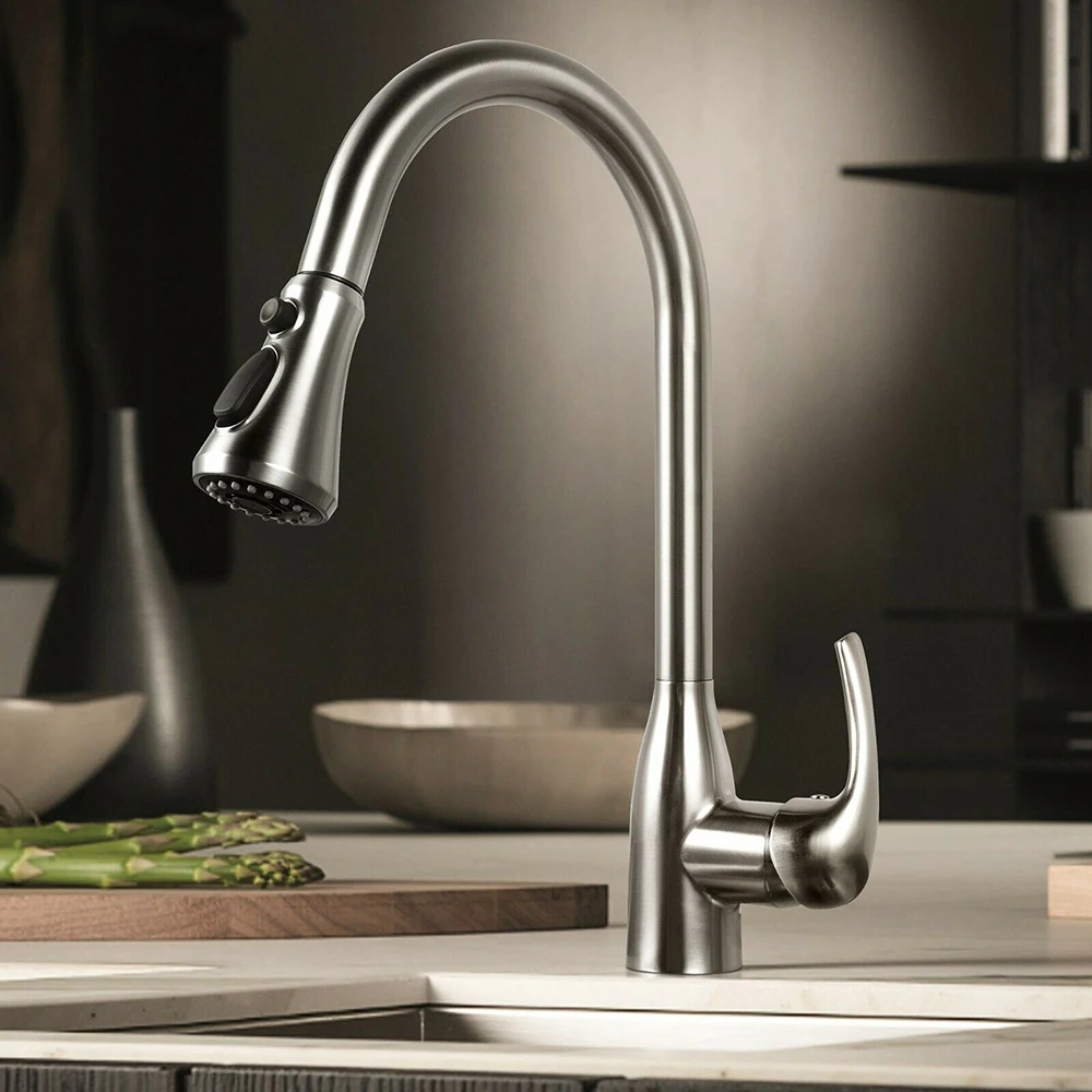 

Brushed Nickel Mixer Faucet Single Hole Pull Out Spout Kitchen Sink Mixer Tap Stream Sprayer Head Chrome/Black Kitchen Tap