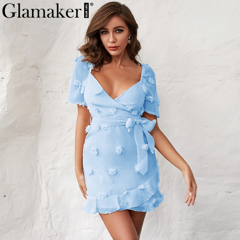 Женское короткое платье с пышными рукавами Glamaker элегантное Сетчатое миди