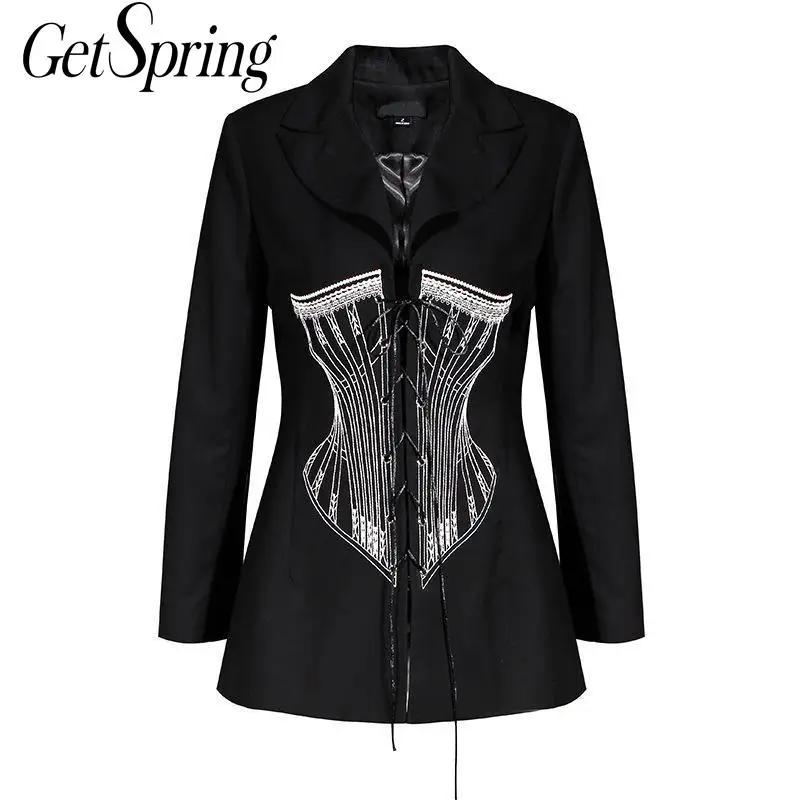 GetSpring Женский блейзер с вышивкой и длинным рукавом женский черный облегающий