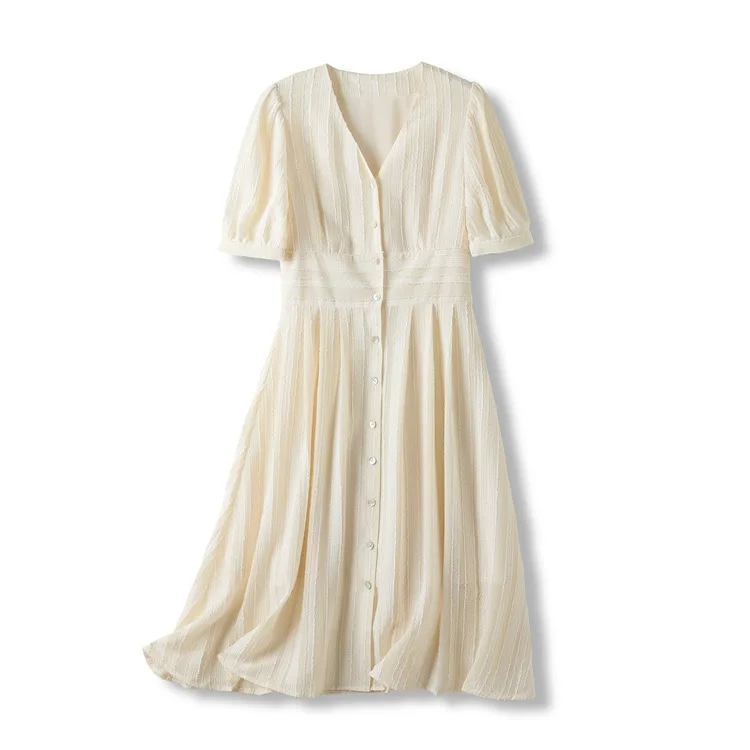 

Heavy industry burnt flower V-neck waist short sleeve medium length dress women's summer skirt