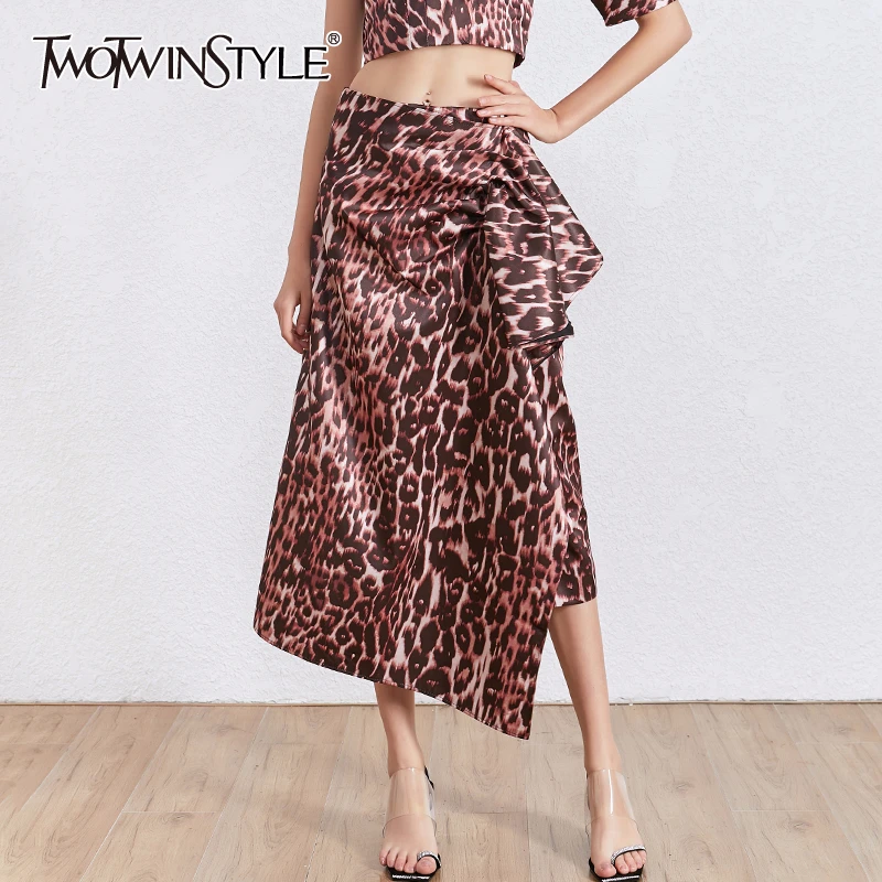 TWOTWINSTYLE леопардовая Асимметричная Женская юбка средней длины с высокой талией и