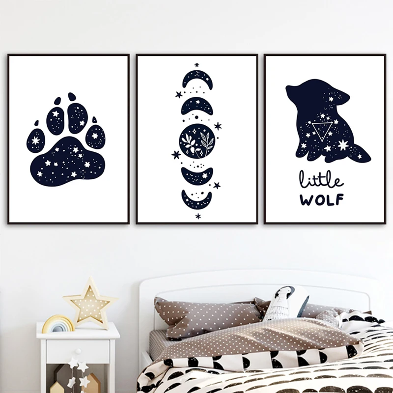 

Black White Cartoon Wolf Moon Canvas Painting Wall Art Poster Print Nordic Picture Kid Bedroom Room Decoration Home Decor
