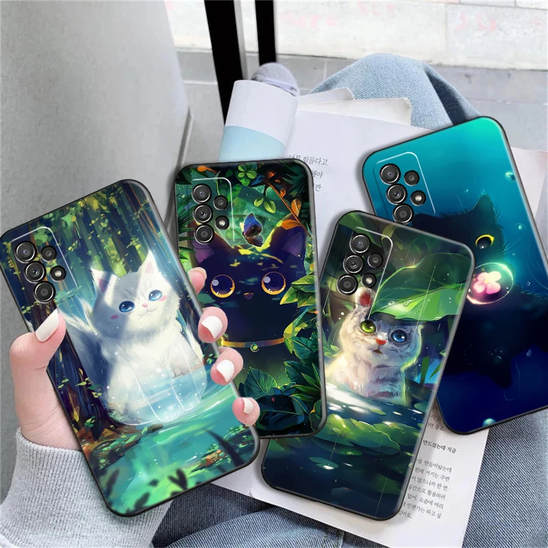 

Phone Case For Samsung Galaxy A11 A21S A31 A41 A42 A51 A52 4G 5G A71 A72 4G 5G Cute Cat Mountain Forest Water TPU Black Cover