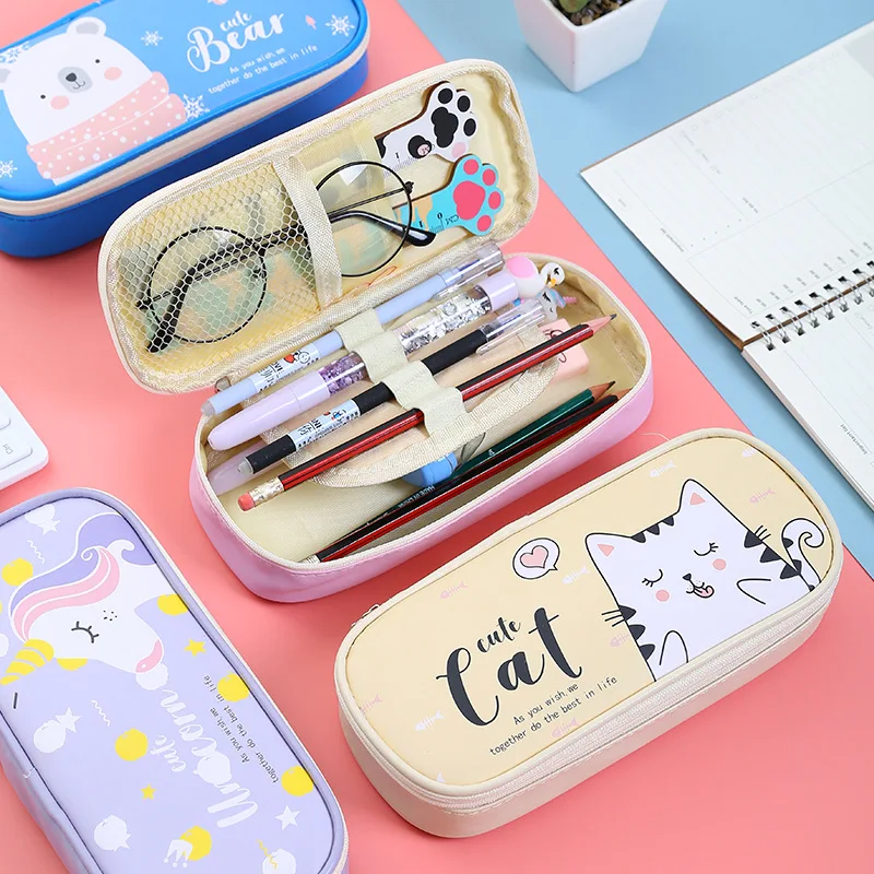 Kawaii школьный Чехол Карандаш для девочек с изображением фламинго кошки единорога