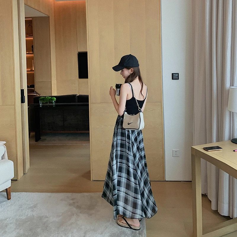 Women Long Chiffon Plaid Skirt Summer Autumn Elegant Runway Korean Skirts for Casual Office School Fashion | Женская одежда