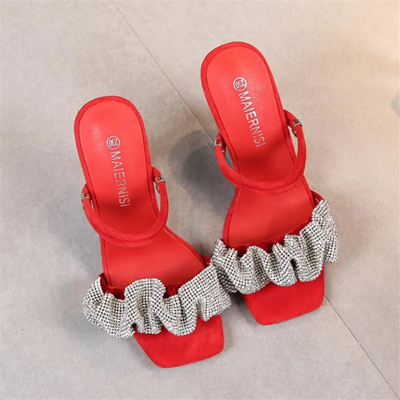 

New style square head rhinestone ladies sandals high quality women's shoes 9CM heel high crystal fashion show 4-14 15 MAIERNISI