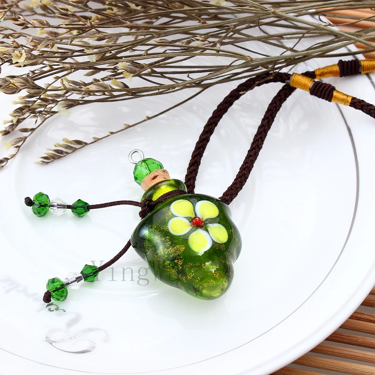 YingWu Murano Glass GREEN oil ashes urn bottle cork pendant vial Necklace Adjustable | Украшения и аксессуары