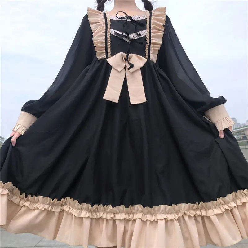 

Sweet Lolita Dress Women Vintage Kawaii Bow Lace-up Designer Patchwork Knee Length Dress Japanese Style Chic Fall Wear Women