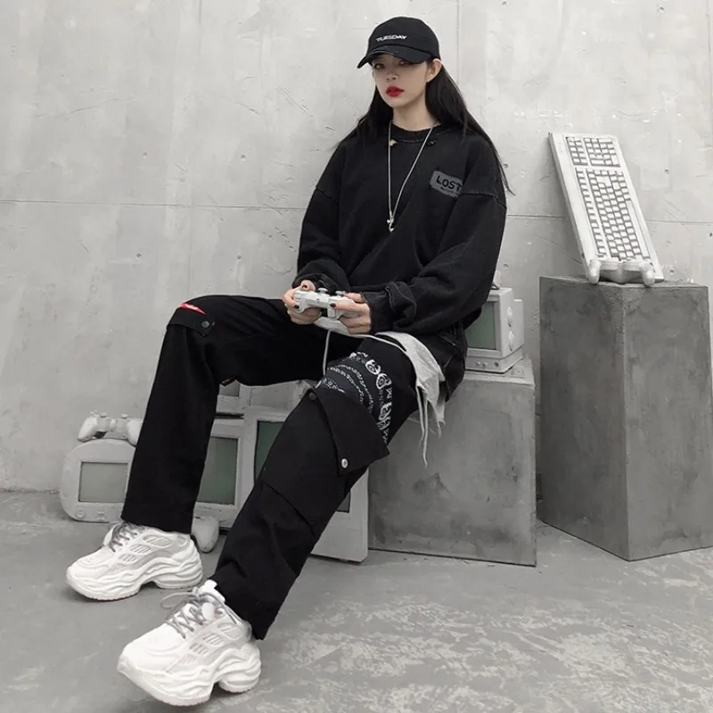 

punk style straight high elastic waist solid loose pants full length fashion brand Women's Clothing joggers sweatpants cargo ins