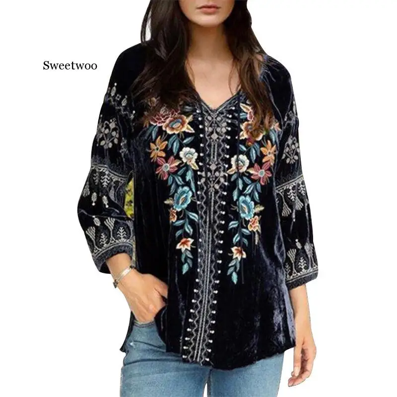 

Long Sleeve Shirt Women Print Spring Summer New Long Sleeve Gold Velvet V-neck Casual Fashion Womens TShirt