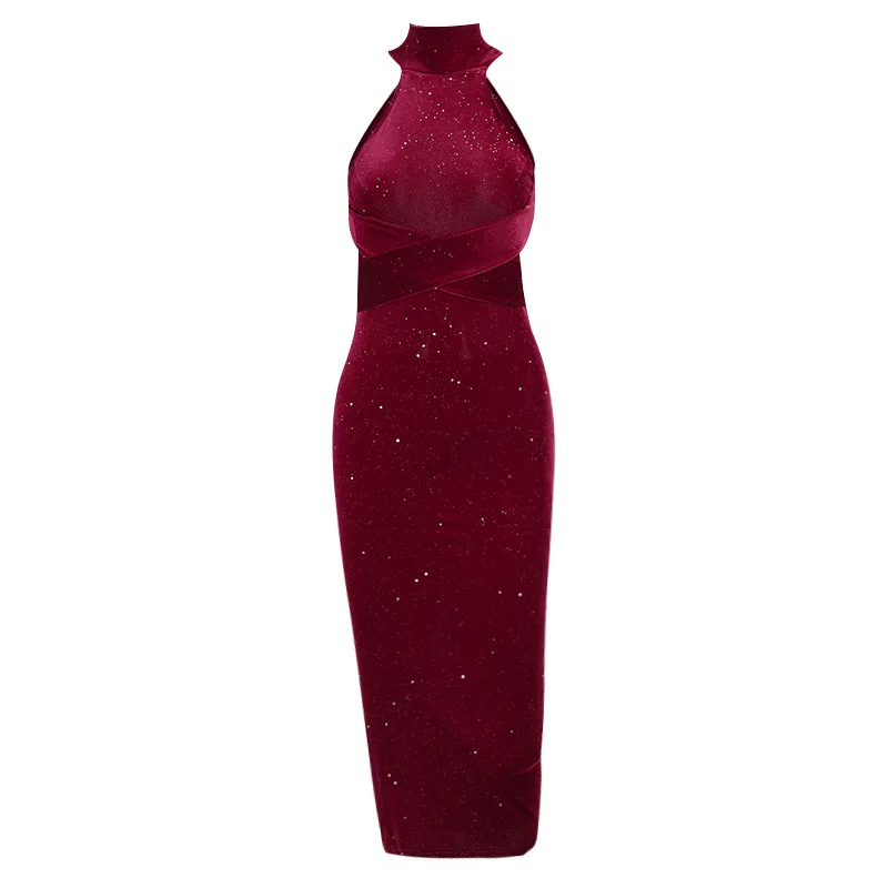 

2021 Satin Sequin Velvet Women Dress Summer Vintage Bandage Slim Halter Neck Ladies Dresses Fashion Sexy Party Female Dress