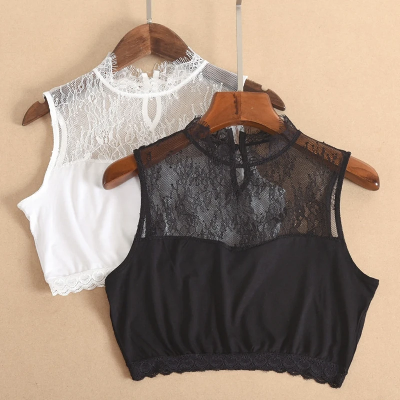

Women Eyelash Stand Collar Faux Collar Half Shirt Floral Lace Splicing Crop Top