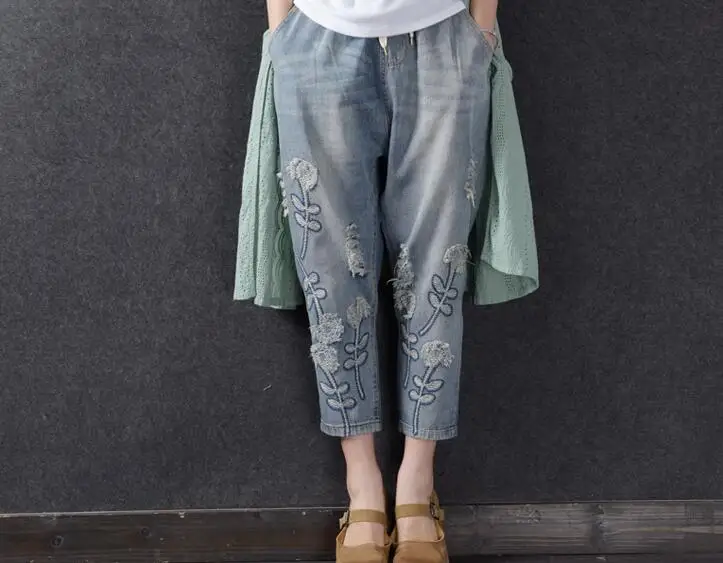 Джинсы больших размеров женские уличные модные бойфренда с вышивкой шаровары