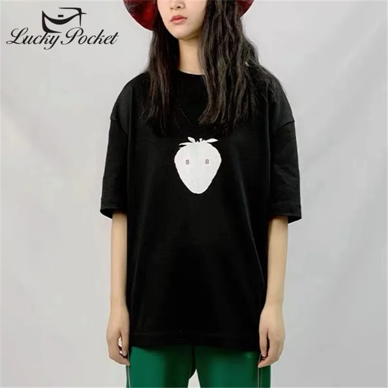 

Women Summer Brand Black O-Neck Cotton Strawberry Print T-Shirt Female Fashion Plus Size Tees Ladies Brand Casual Tops ZM154