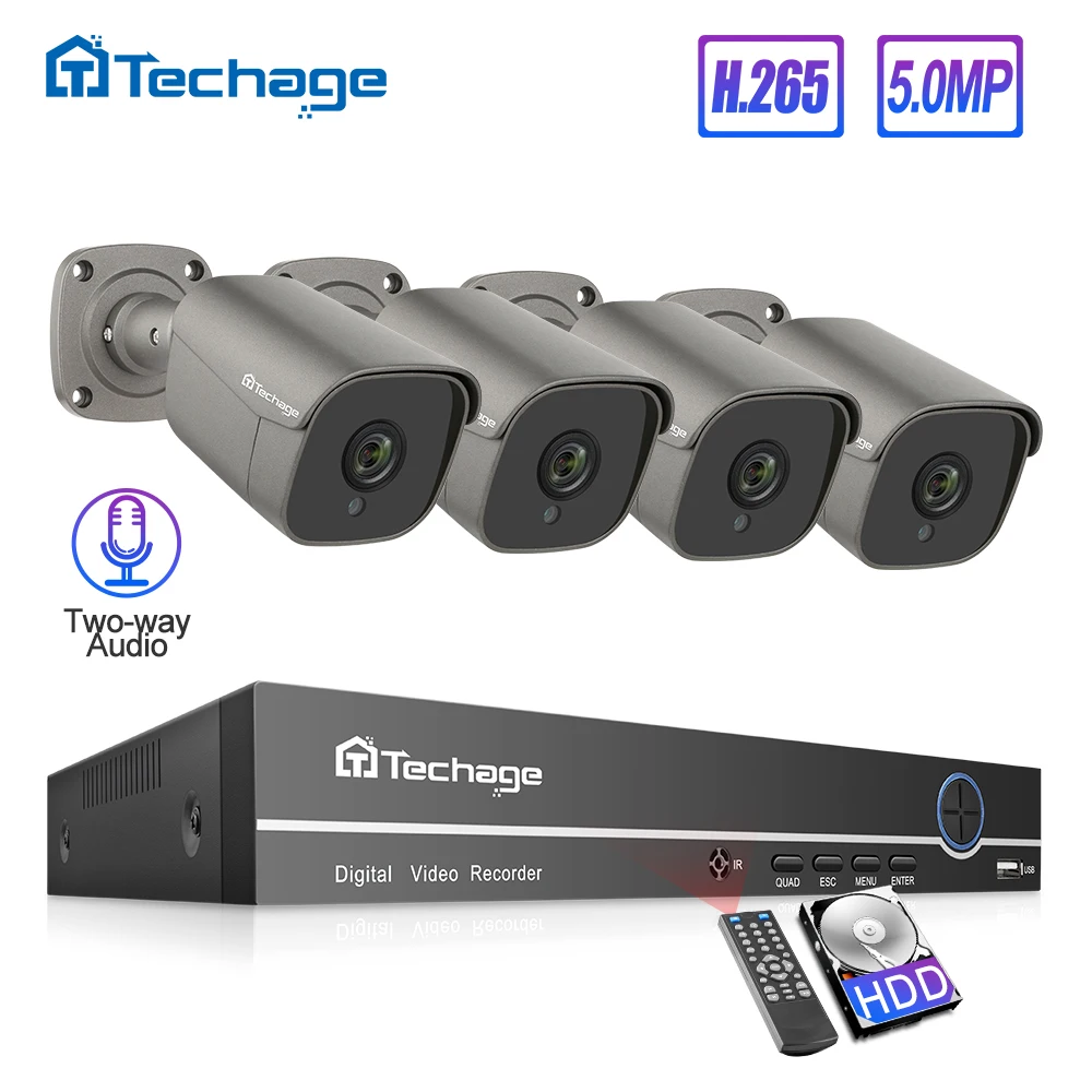 Techage H.265 4CH 5MP POE NVR комплект системы видеонаблюдения двухсторонняя аудио сигнализация звук AI IP камера ИК Открытый видео безопасности комплект наблюдения