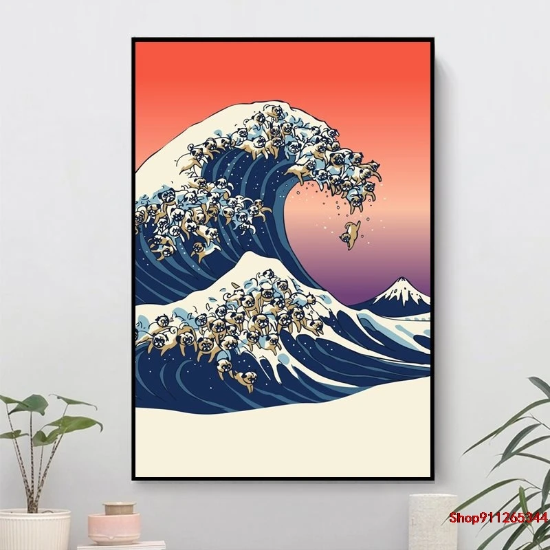 Картина на холсте большая волна мопса настенная живопись декор для гостиной дома