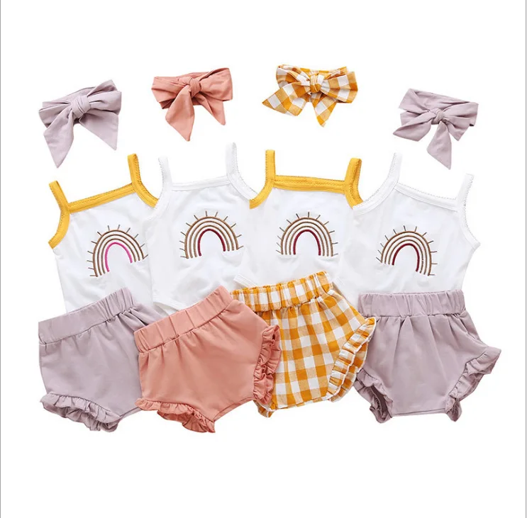 

2021 Summer Baby Girls Outfits Sling Rainbow Bodysuit Ruffle Bloomer Headband 3 Pieces Newborn Baby Girl Clothes Set