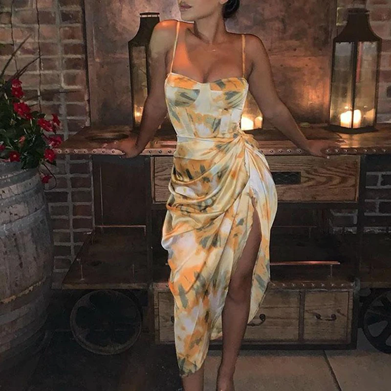 Женское облегающее платье на бретелях спагетти с цветочным принтом|Женские