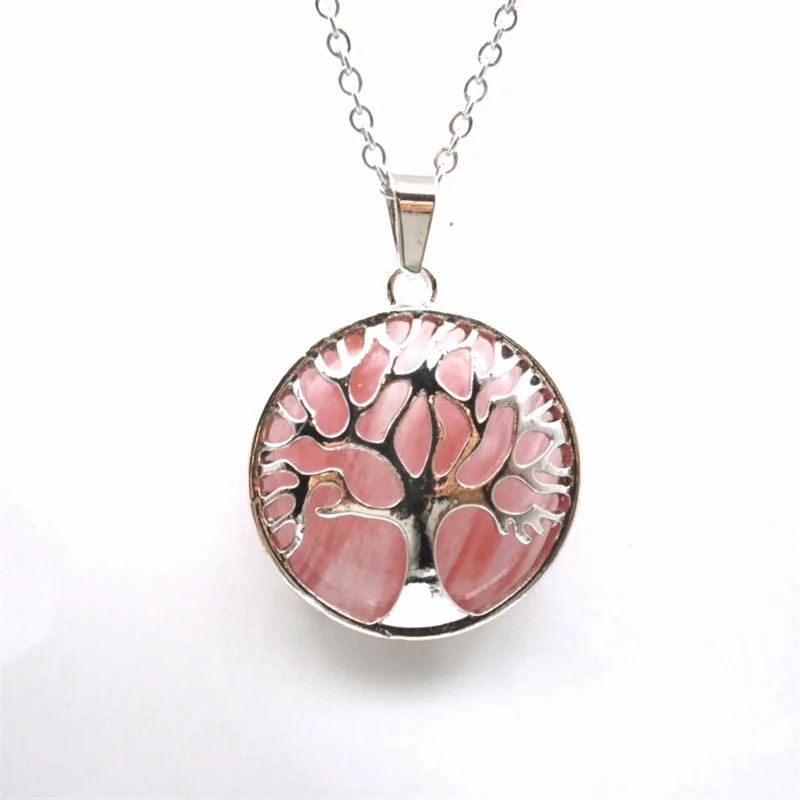 Watermelon red 12 цветов Дерево жизни ожерелья Круглый натуральный каменный розовый кварц белый кристалл лазурит тигровый глаз Опал Подвески ювелирные изделия - Окраска металла: Watermelon red