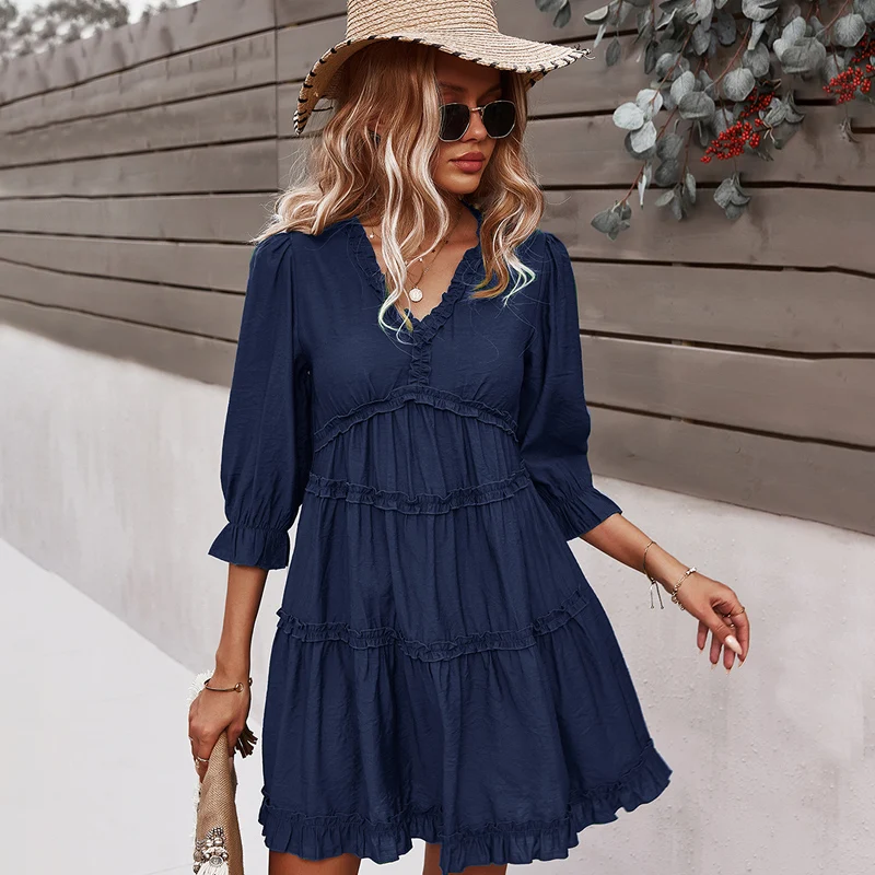 

2021 New Summer Dress Women Solid Ruffles V-Neck Three Quarter Butterfly Sleeve Fashion Holiday Dresses Clothes