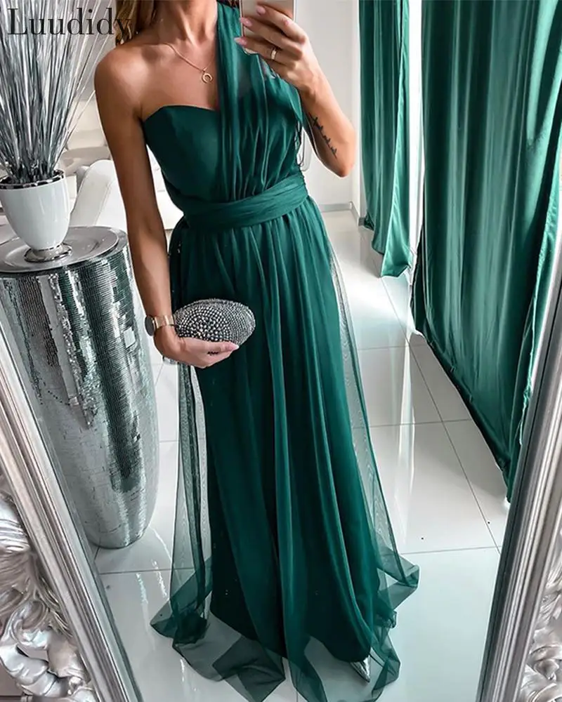 Женское элегантное Сетчатое платье макси на одно плечо однотонное вечернее без