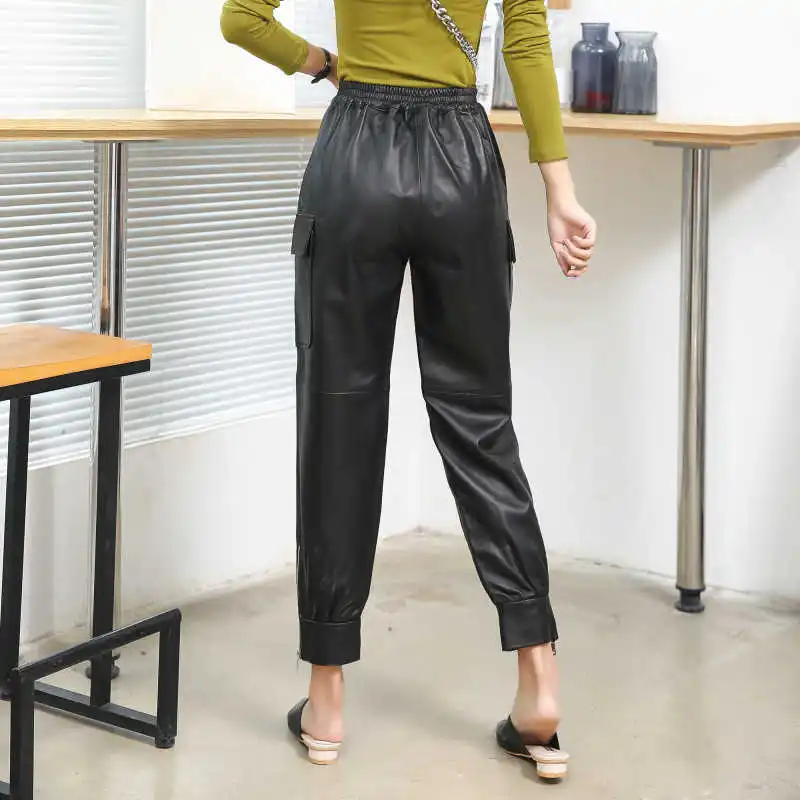 

New Fashion Arrival Women's Real Leather Cargo Pants Autumn Winter Genuine leather casual pants C638