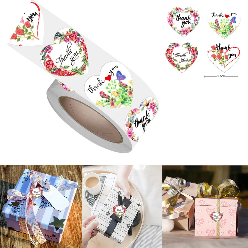 

500pcs/roll Thank You Stickers Seal Labels 1inch Heart Paper Decoration Sticker For Handmade Wedding Gift Labels Stationery