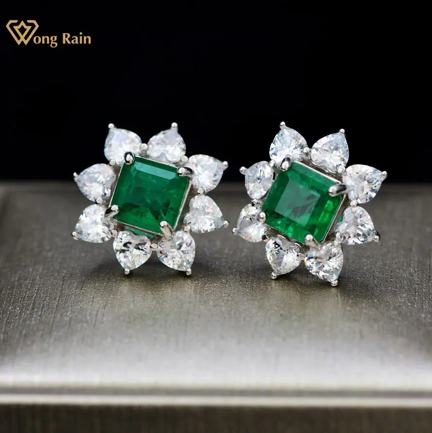 

Wong Rain Vintage 100% 925 Sterling Silver Created Moissanite Emerald Gemstone Flower Earrings Ear Studs Fine Jewelry Wholesale