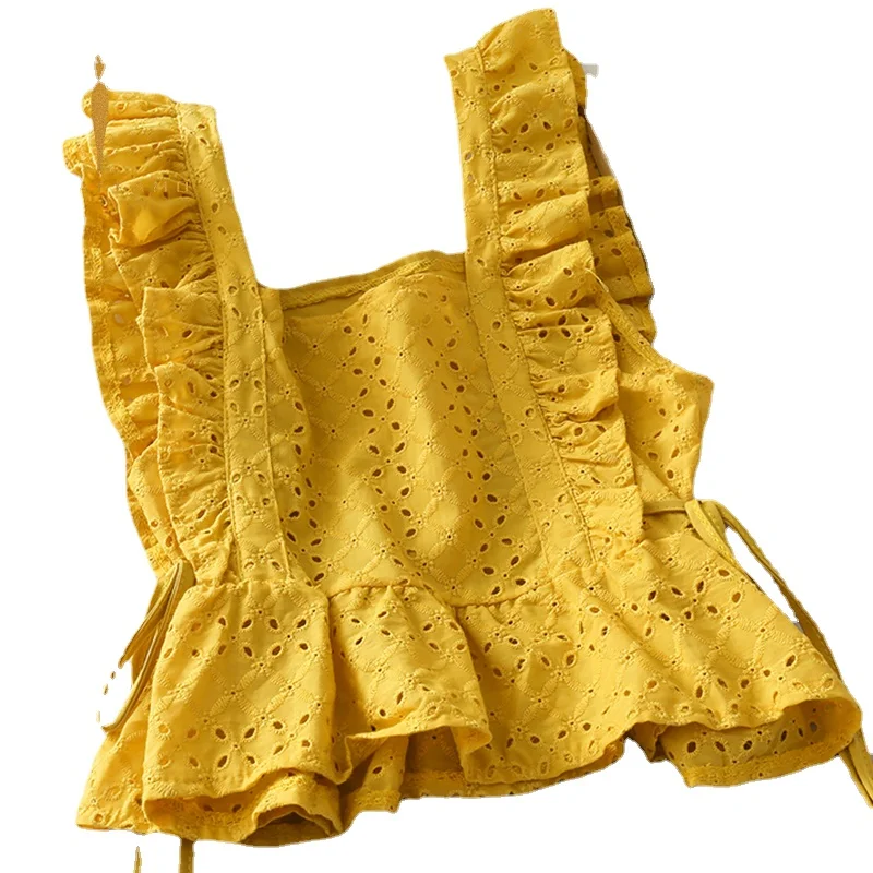 

Women's Hollow Ruffled Sleeveless T-shirt Korean Square Collar Slim Irregular Cropped Top Halter Street Lace-up Women's T-shirt