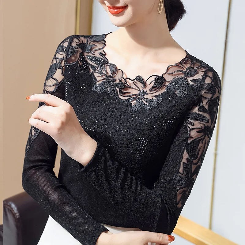 

HYHY M-5XL Plus Size Women Tops Lace Bottoming Shirt Women Long-sleeved Spring Autumn 2021 New Mesh Top Black T-Shirt