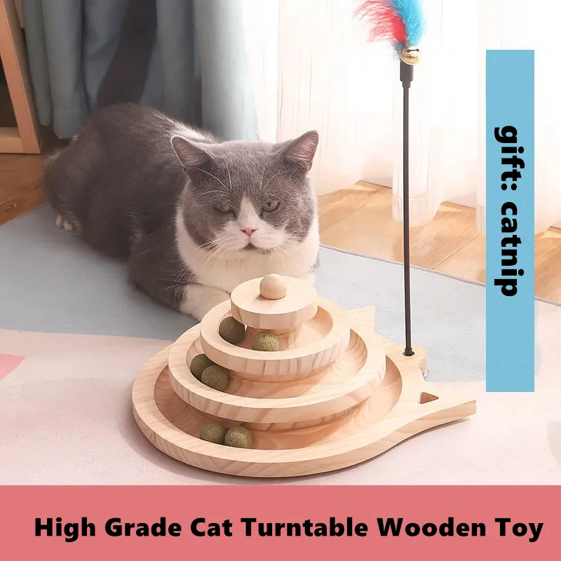 

High Grade Cat Turntable Wooden Toy Cat Toy 2/3-layer Rotating Track Ball Game With Hanging Cat Stick Cat Climbing Tree Post Toy