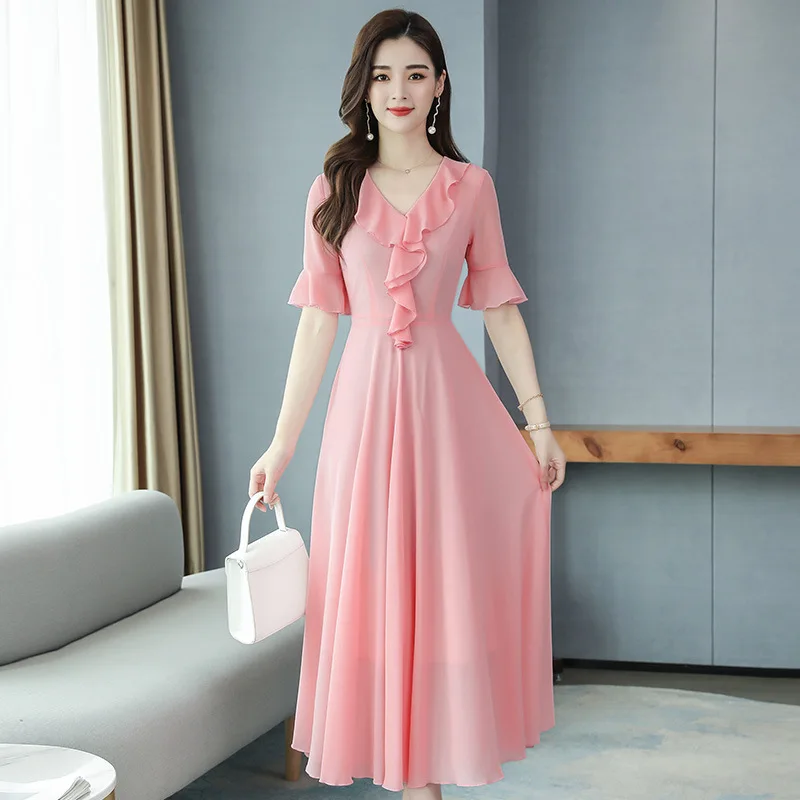 

2021 summer new Korean version of the large-size dress slimming temperament V-neck big chiffon beach jumpsuit long dress