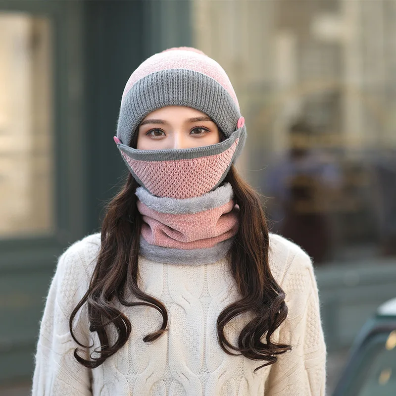 Трехсекционный женский зимний трикотажный Флисовый Шарф, шапка, интегрированный с толстым теплым костюмом,, шапка с воротником, наборы