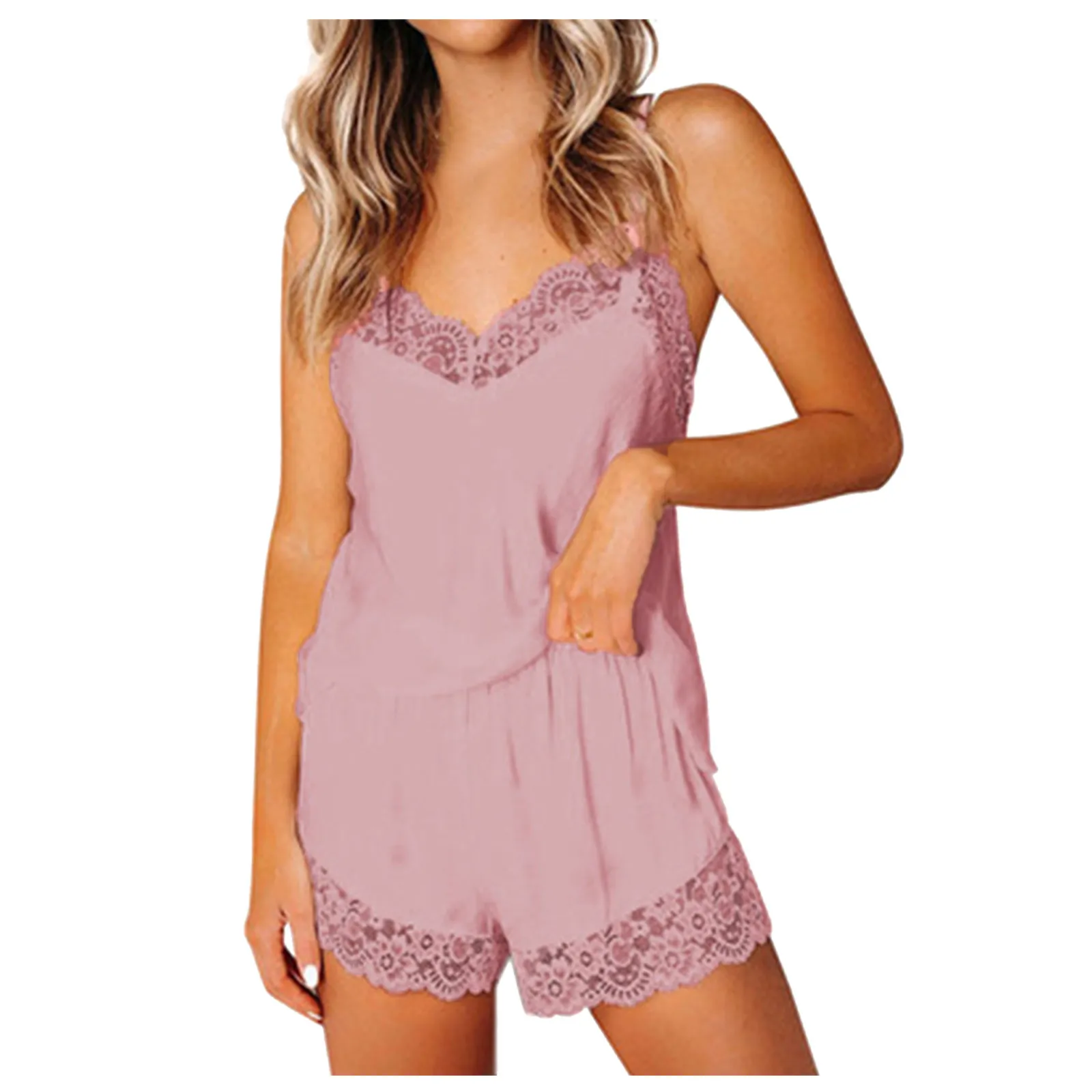 

Sleepwear Women's Sexy Satin Lace Trim Cami Tops Shorts Spaghetti Strap Pajama Elegant Sleeveless Top And Shorts Night Suit R5