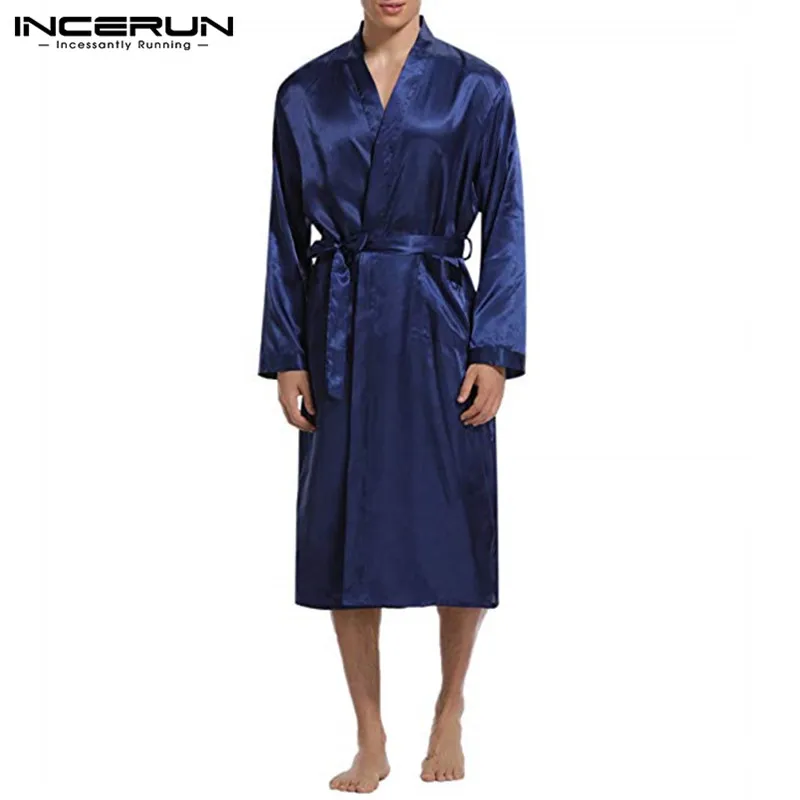 Пижама INCERUN Мужская шелковая атласная однотонная одежда для сна с длинным