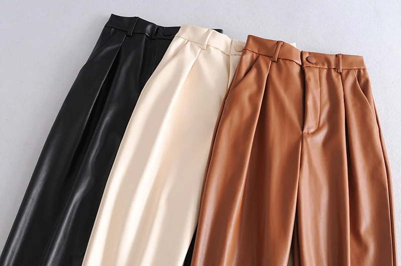 

Fashion Autumn Winter Women High Waist Black Faux Leather Pants Lady PU Loose Pencil Trousers Elegant Pocket Streetwear